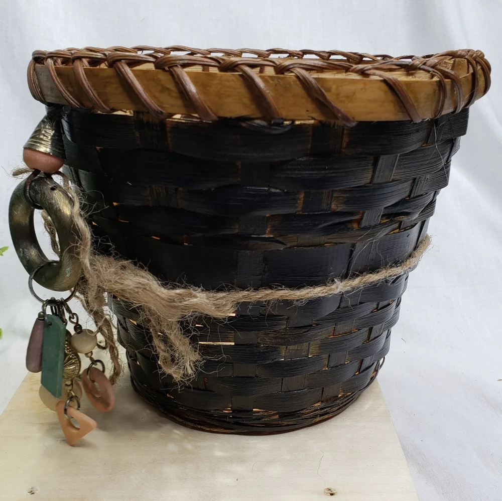 Embellished Boho Jeweled Wicker Planter Basket Handcrafted